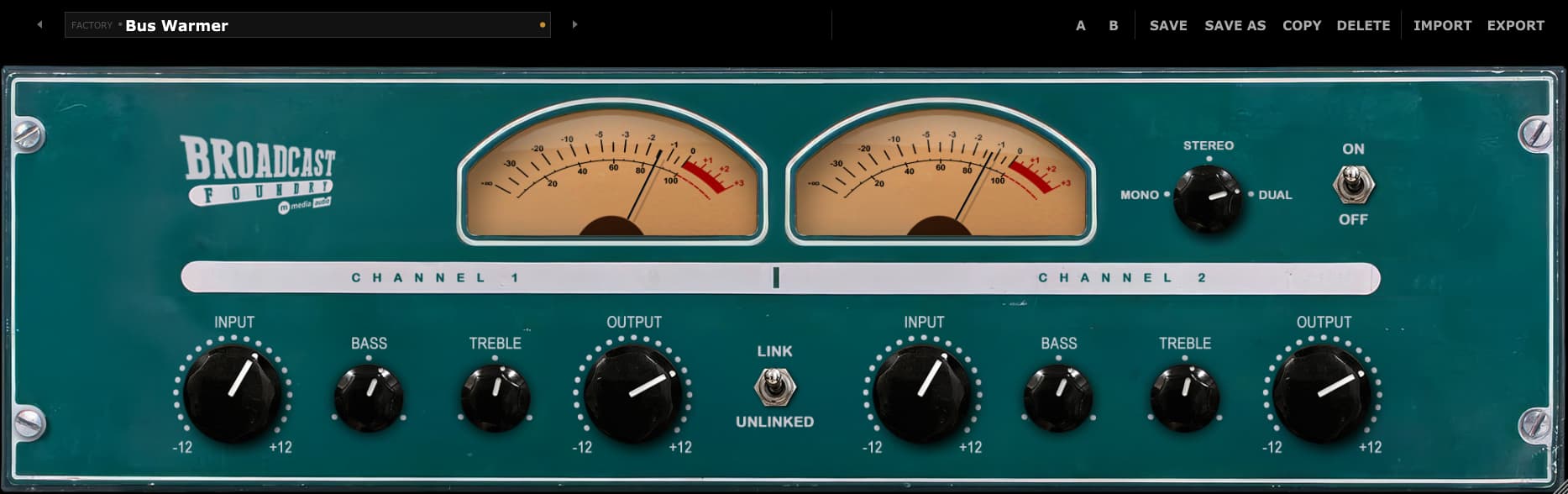 Broadcast Foundry: teal dual-channel processor with VU meters, linked controls, and clearly grouped input, tone and output knobs