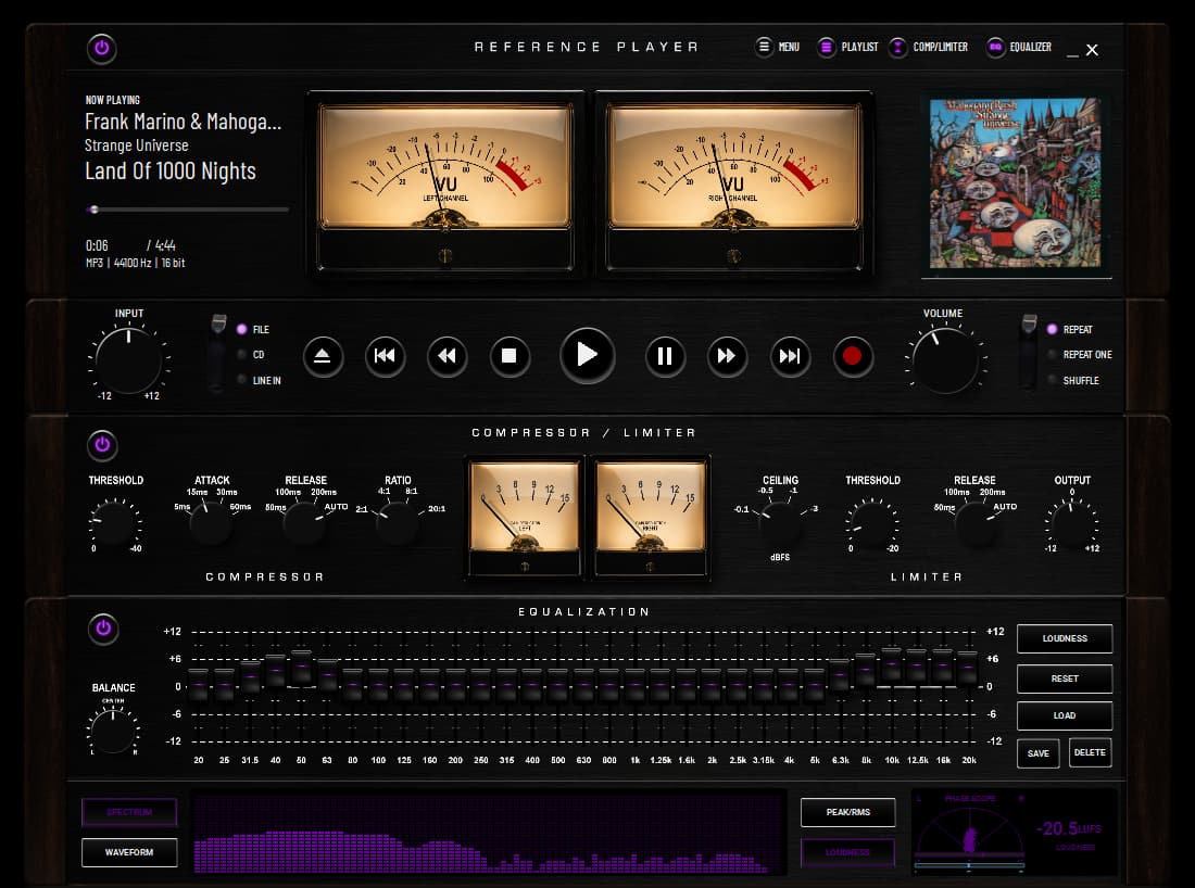 Reference Player interface: transport, compressor, limiter, and 31-band EQ arranged in horizontal sections, black theme